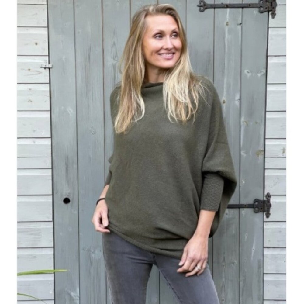 NWT AMAZING EMILIE ASYMMETRIC DRAPED Sweater, Olive Green | One Size